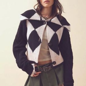 Free People We The Free Care FP Joy Diamond Polo Cardigan Sweater Collar Medium